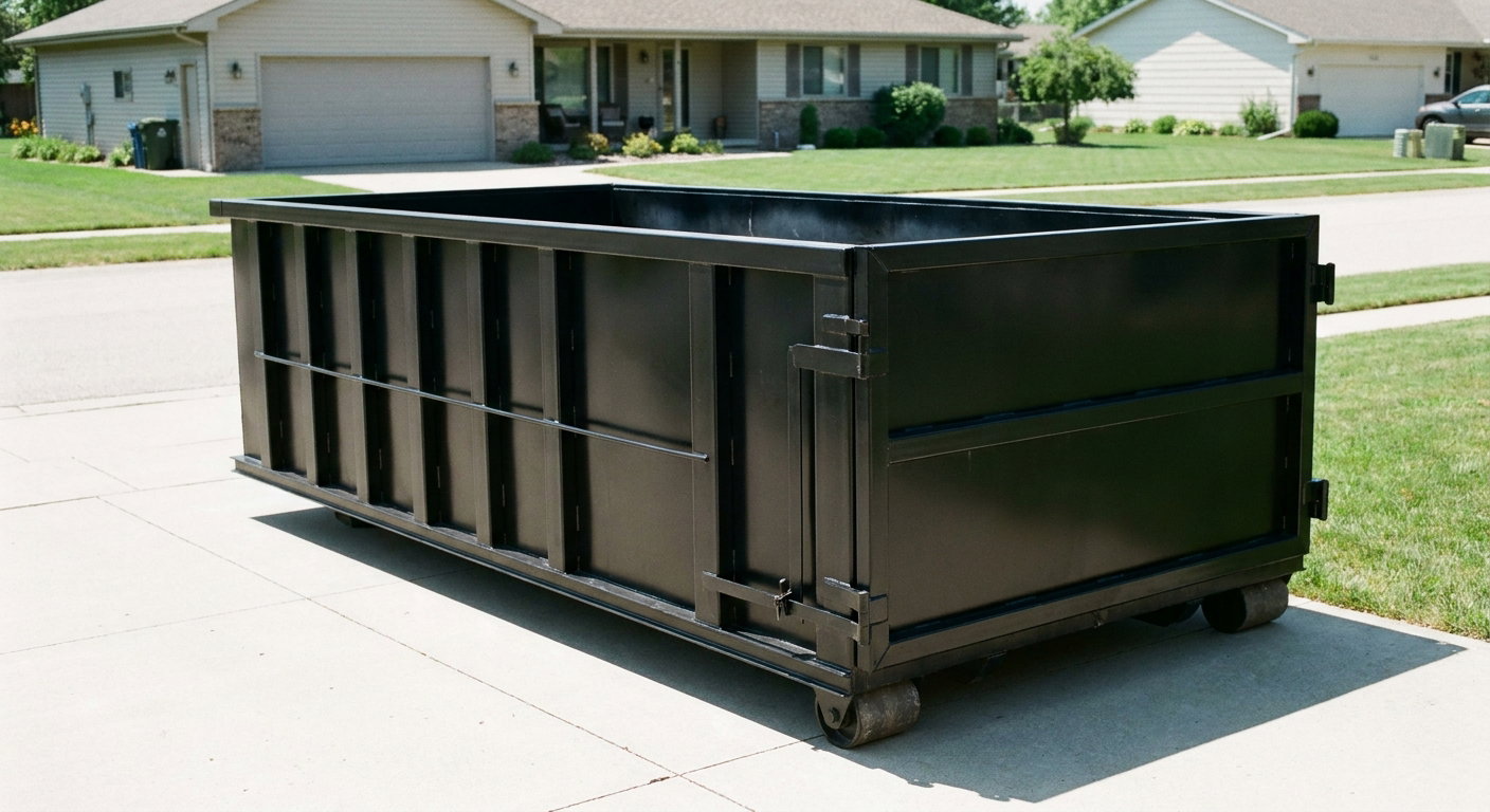 Matte-black 10-yard roll-off dumpster on a residential concrete driveway in Plainfield, uniformly painted matte black across every panel and rail, ribbed steel sidewalls and rear swing door visible, mid-day daylight.