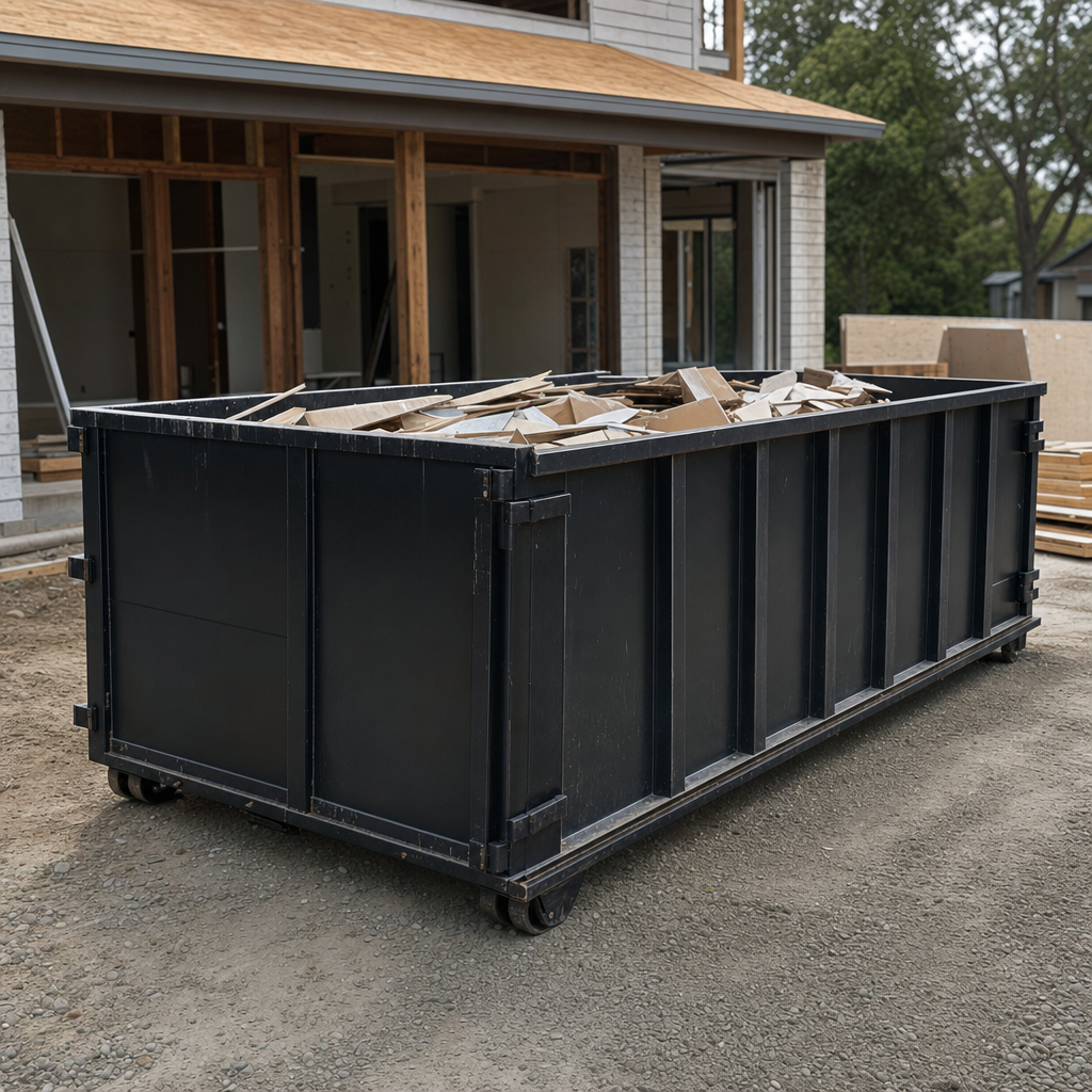 Large matte-black 30-yard construction roll-off dumpster at an active Plainfield jobsite, steel-gray top rails and bottom rollers visible, loaded with construction debris.