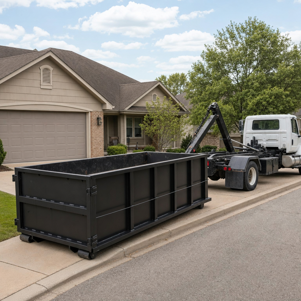 Wide documentary shot of a matte-black roll-off dumpster on a Plainfield residential driveway in the foreground and a contractor jobsite container in the soft-focus background, bright daylight, calm and orderly composition.